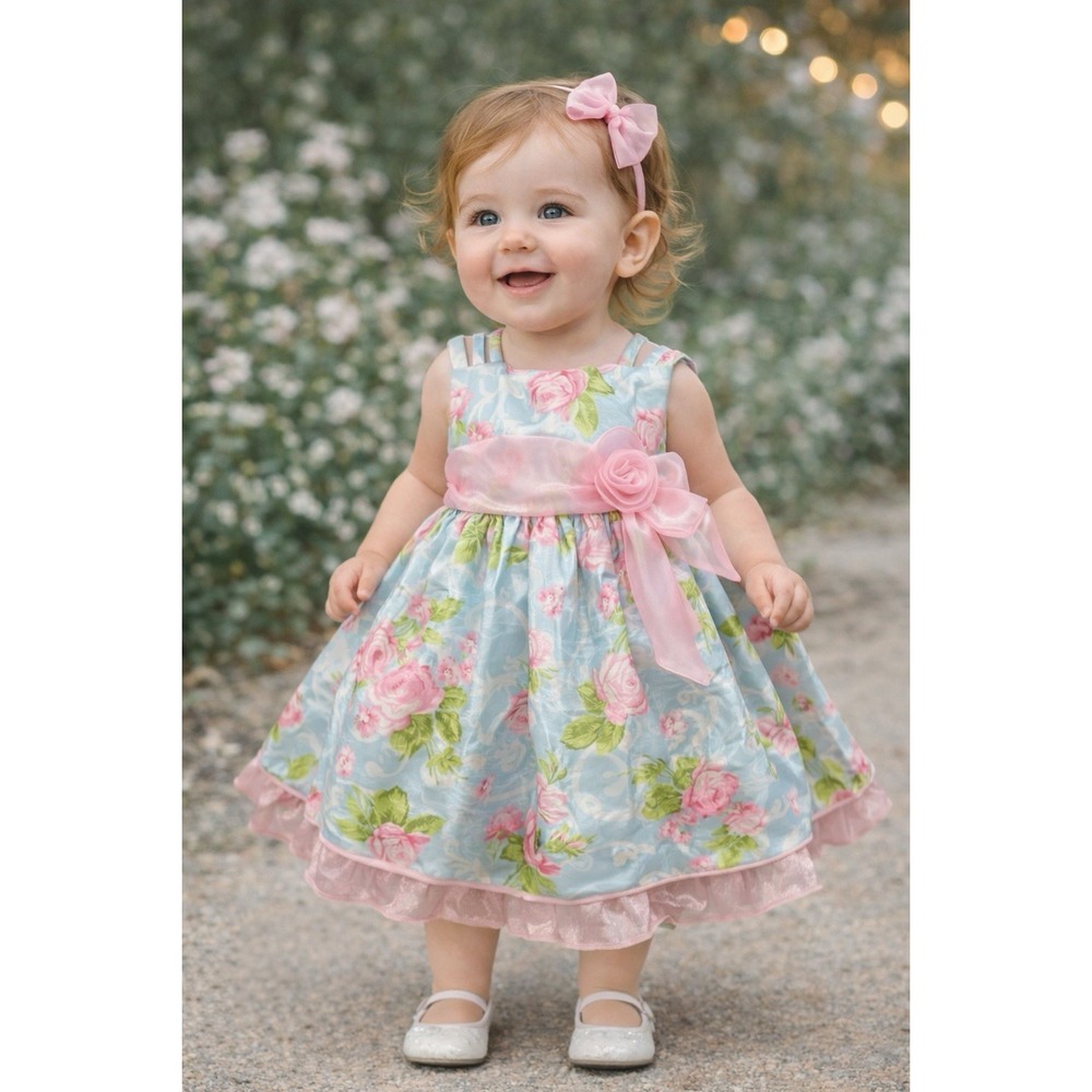 Bonnie Baby Girls 12M Blue Pink Floral Taffeta Tea Party Cupcake Dress Easter